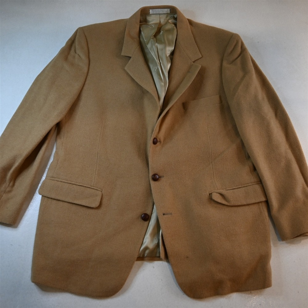 Vtg USA 46R Camel Khaki Heavyweight Flannel Mens Blazer Suit Jacket Sport Coat